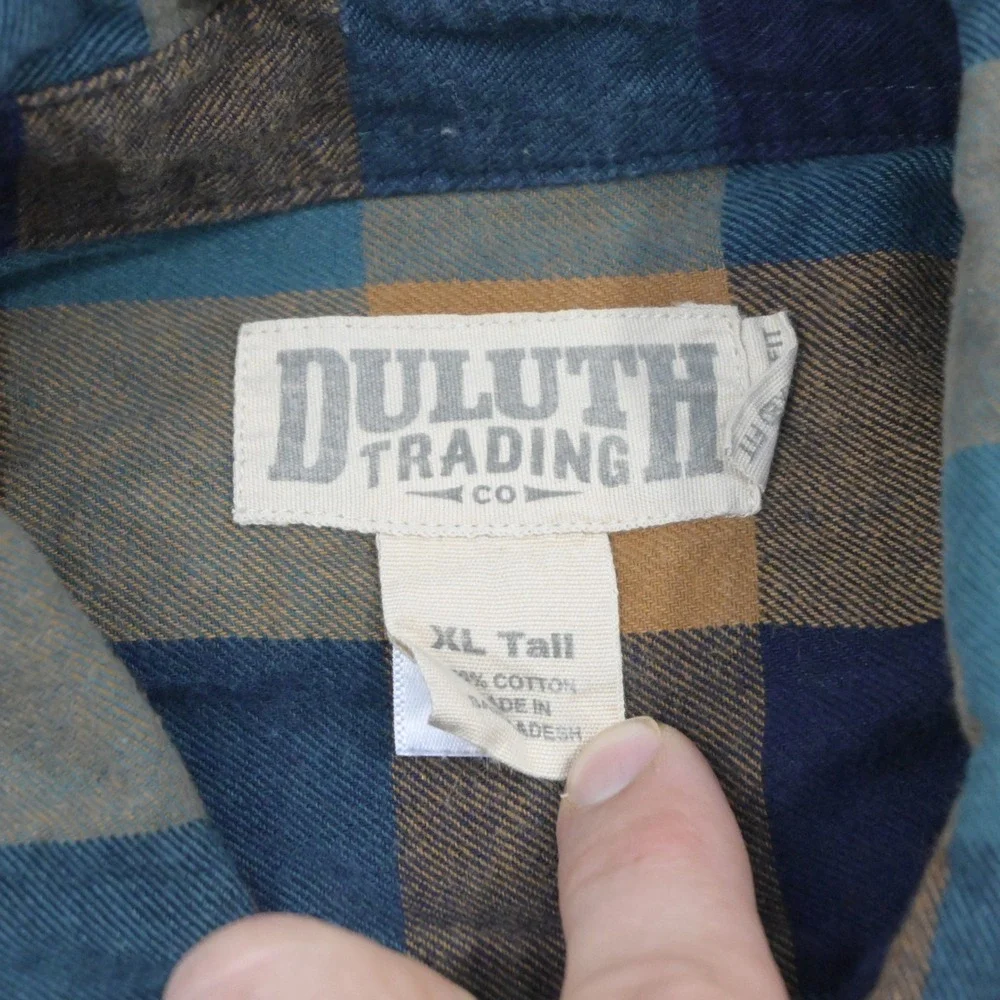 Duluth Trading Co Flannel Button Up Mens XL Tall Relaxed Fit Blue Gold Plaid